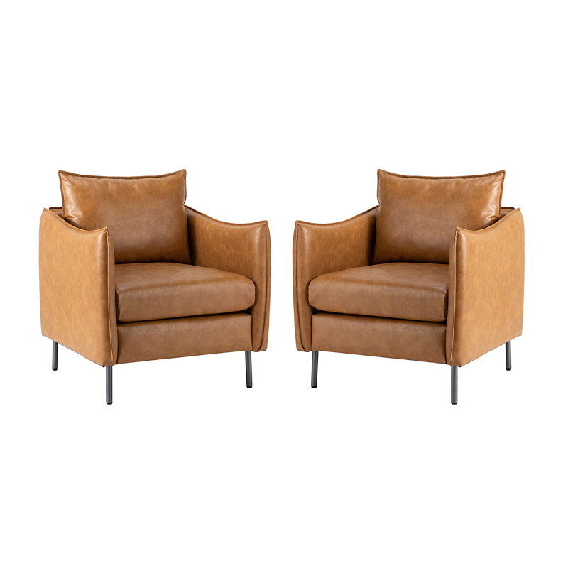 Paolo 30" W Modern Faux Leather Armchair with Unique Arms, Camel Faux Leather