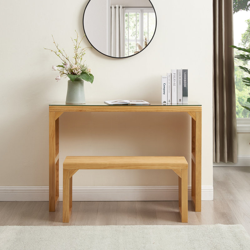 Dining Bench And Table, Pine Indoor Wood Bench For Entryway,Living Room,Kitchen And Bedroom Table And Bench Set (Nature, Long Bench & Table)Tempered Glass Included