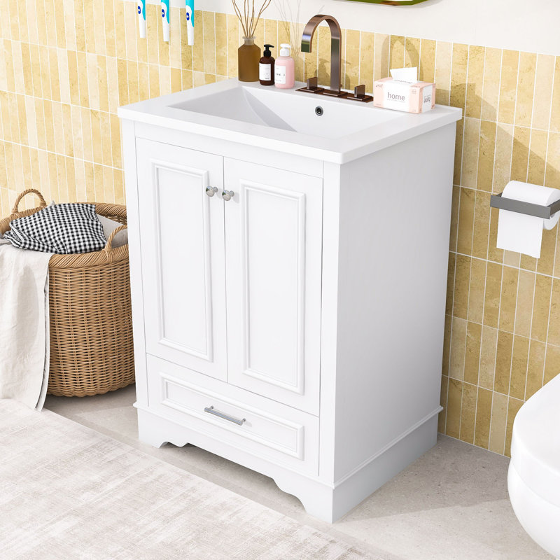 Meuble-lavabo compact de 24 po avec tablettes réglables et lavabo durable, Blanc