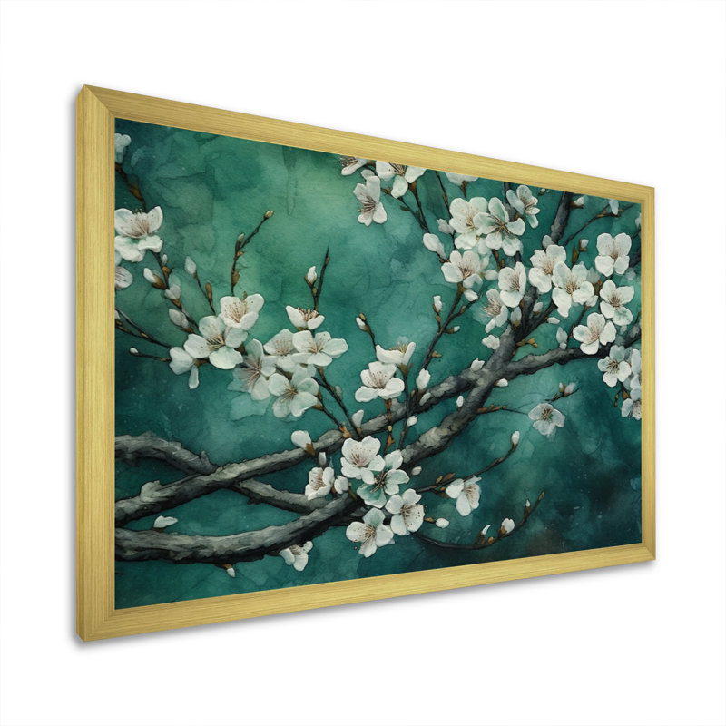 «Flower Whispers» sarcelle, fleurs de cerisier II - art mural floral, Encadrement doré, H 12 po x l 20 po x P 1 po
