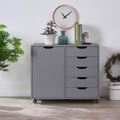 5-Drawer Office File Cabinet with Wheels and 2 Shelves, Under Desk Locking Wood Storage Organizer on Casters for Home Office, Mobile Filing Unit for Documents & Supplies