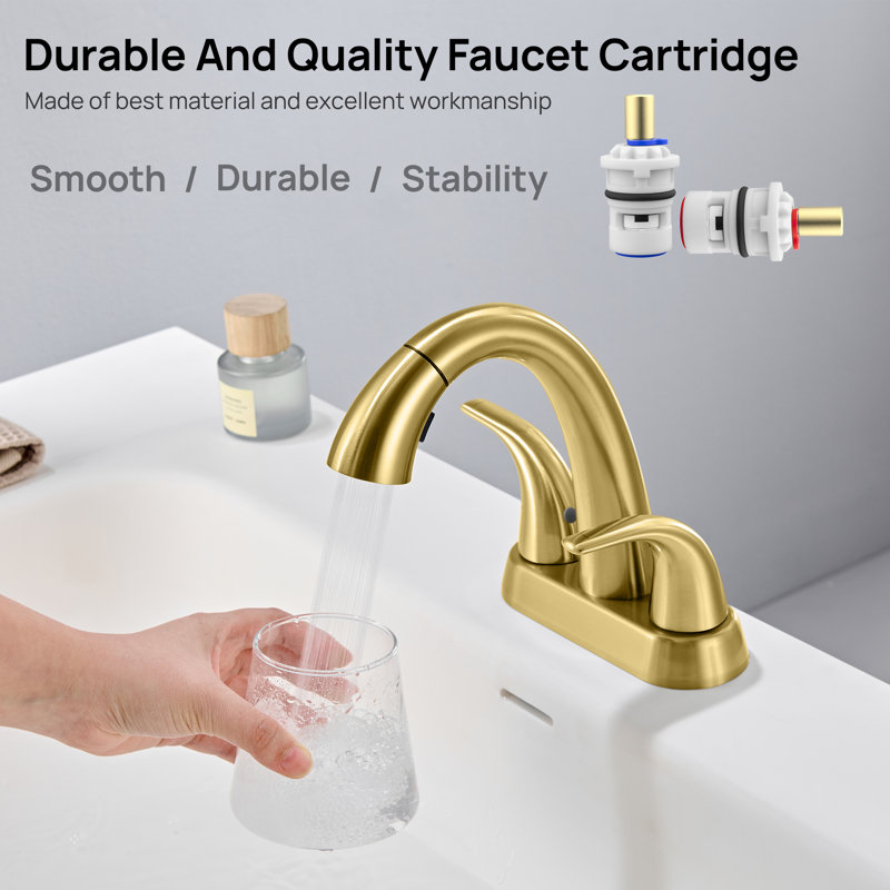 Robinet de lavabo de salle de bain à double poignée, entraxe de 10 cm, bec extractible et deux modes de fonctionnement, avec bonde escamotable.