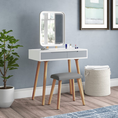 Avitaz Vanity Table Set with 3 Modes Adjustable Brightness Mirror and Cushioned Stool