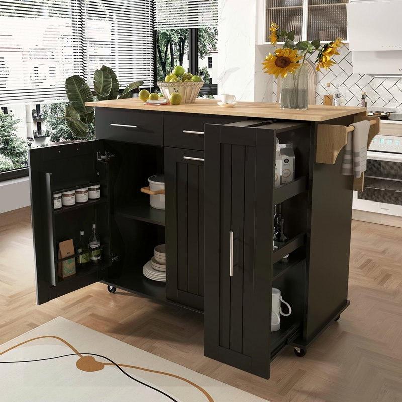 Kitchen Island With Drop Leaf, Kitchen Storage Cart With 3 Tier Pull Out Cabinet Organizer, Internal Storage Rack, Rolling Kitchen Cart On Wheels With Towel Rack, 2 Drawers, For Kitchen
