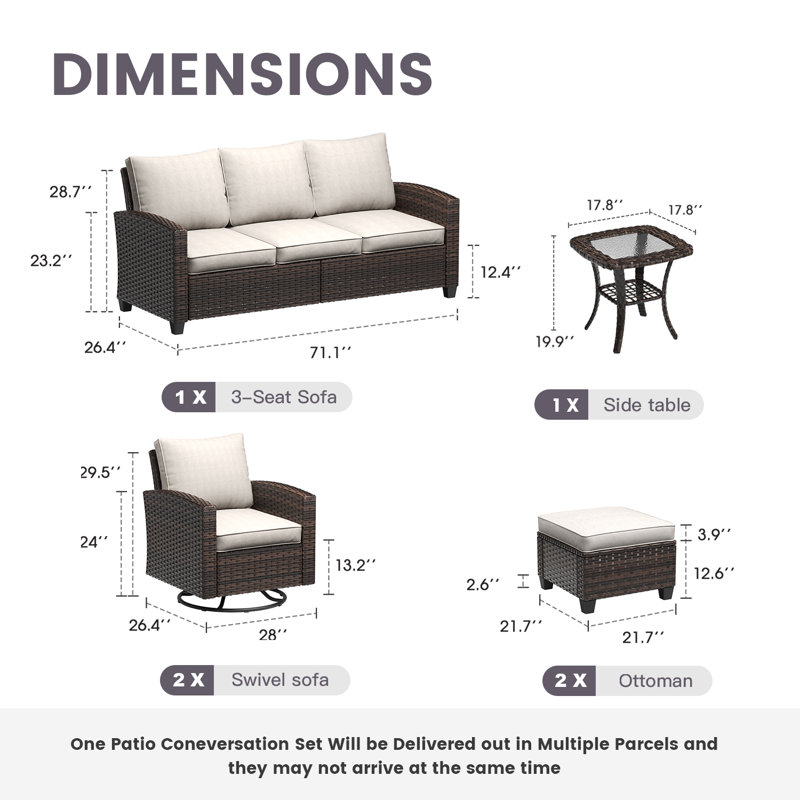 Ensemble de conversation pour patio en osier 5 personnes avec 2 chaises berçantes pivotantes et coussins