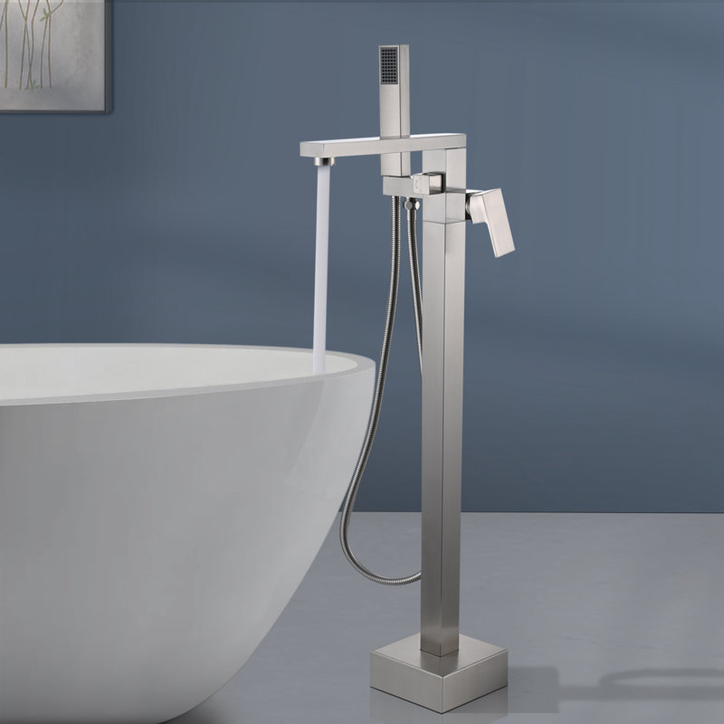 Topcraft Floor Mounted Bathtub Filler With Handheld Showerhead, Brushed Nickel