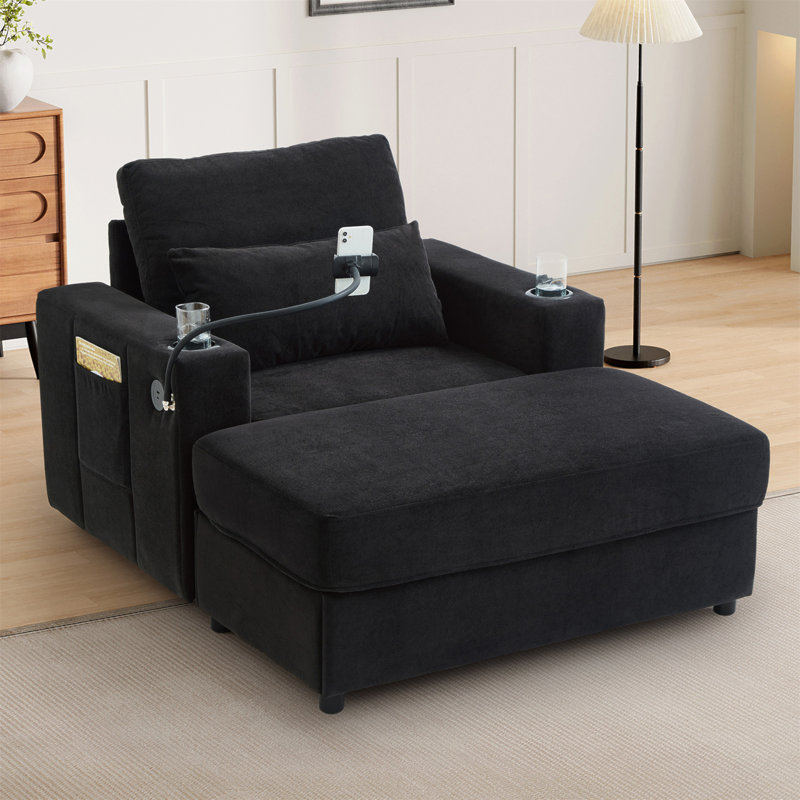 Fauteuil rembourré avec repose-pieds et ports USB, Noir