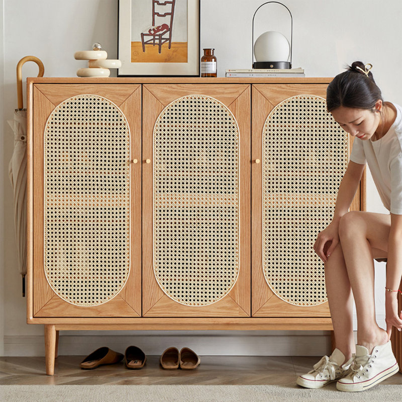 Burlywood Solid Wood + Rattan Shoe Storage