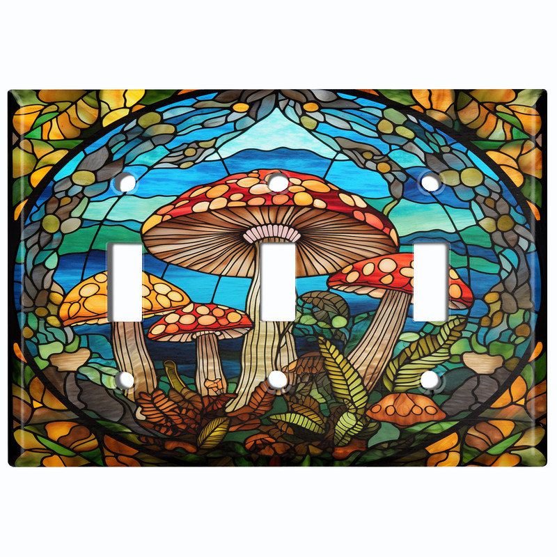 Couvercle de plaque d'interrupteur en métal; Bascule à 3 bandes US standard - image imprimée de champignons en verre coloré