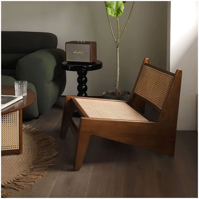 Modern Mid Century Accent Chair, Rattan Lounge Chair for Living Room, Boho Side Corner Comfy Wood Chair for Bedroom and Balcony, Walnut