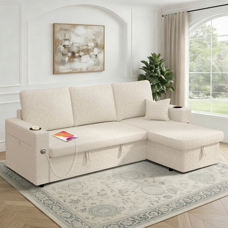Sleeper Sofa, 82 Inch Pull Out Sofa Bed With Reversible Storage Chaise, USB & Type-C Charging, Hidden Cup Holders, L Shaped Sectional Couch for Living Room, Apartment, Small Space