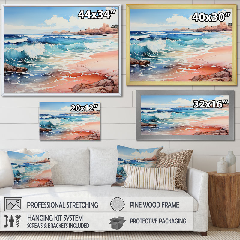 «Blue Beach Waves Fusion» - Décoration murale nautique et plage, Cadre doré simple, H 24 po x l 32 po x P 1 po
