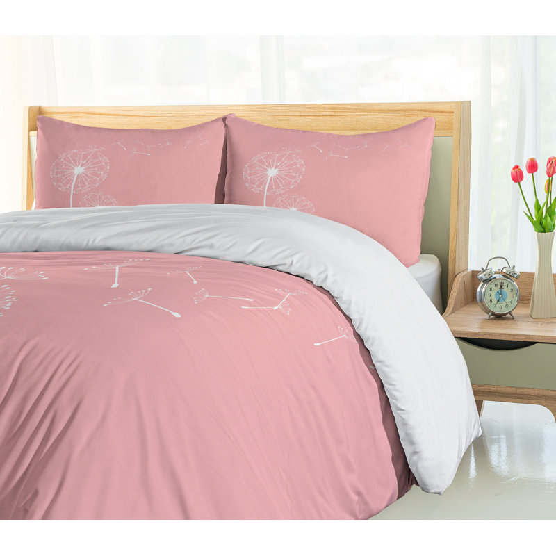 Coral White Botanical Dandelion King Duvet Cover Set
