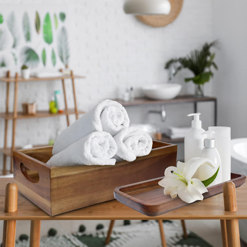 Toilet Tank Basket Topper & Vanity Tray Set Of Natural Acacia Wood  , Created By Skilled Artisans, Smooth, Durable, Attractive Decor For Bathroom, Kitchen, Home, Spa