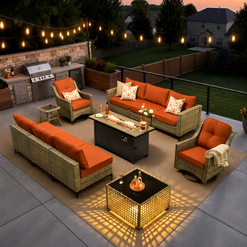 Emroy 8 - Person Wicker/Rattan Sectional Seating Group with Lighted Coffee Table and Swivel Chairs, All Weather Modular Outdoor Conversation Set with Cushions
