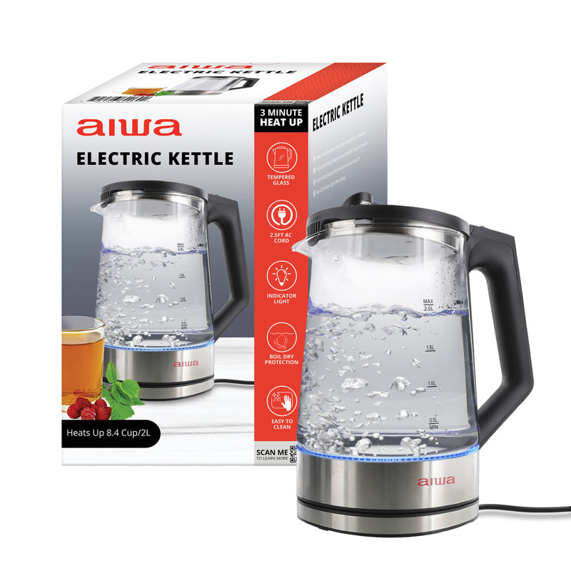 Bouilloire électrique de 2 litres, chaudière rapide de 8,4 tasses, bouilloire en verre, Noir