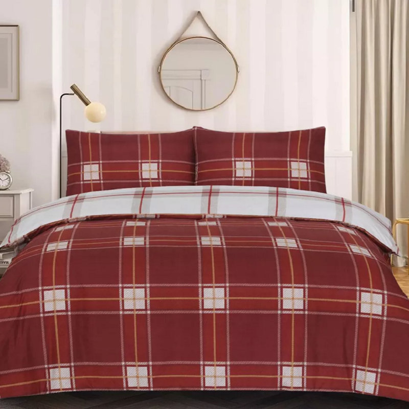 Cotton Blend Duvet Cover Set with Pillowcases, SuperKing Duvet Cover Set + 2 Standard Pillowcases, Red Plaid