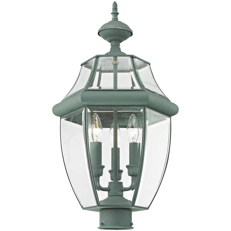 Luminaire suspendu d'extérieur à 3 lumières avec abat-jour en verre transparent, Vert-de-gris