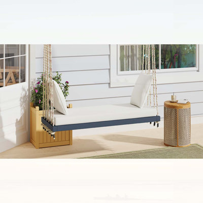 Balancelle de patio en bois, balancelle suspendue avec coussin et coussins, cordes de chanvre durables pour le jardin et la cour