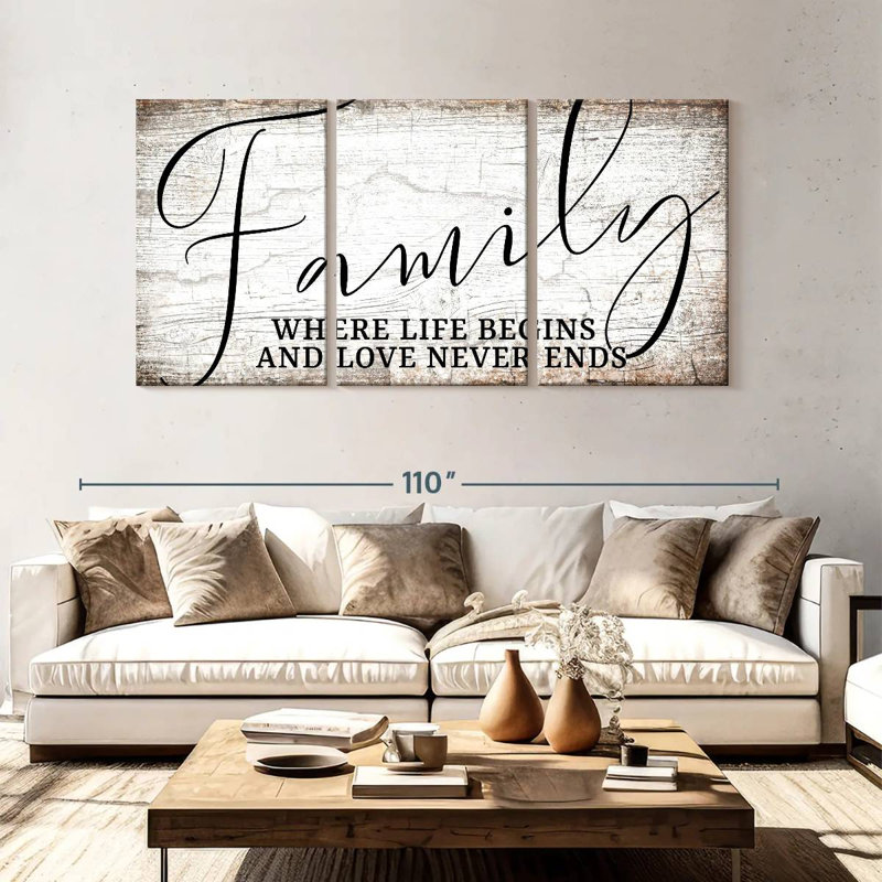 «Love Never Ends Family Quote», reproduction sur toile, H 45 po x l 92 po x P 1,25 po