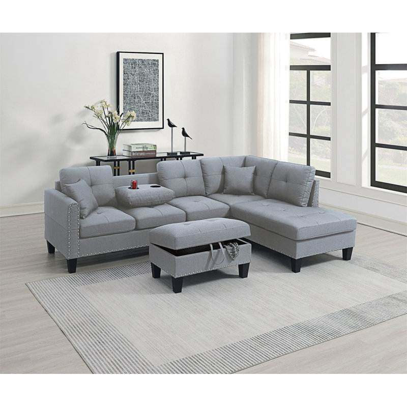 Living Room Furniture 3-PCS Sectional Sofa Set LAF Sofa RAF Chaise And Storage Ottoman Cup Holder  Linen-Like Fabric