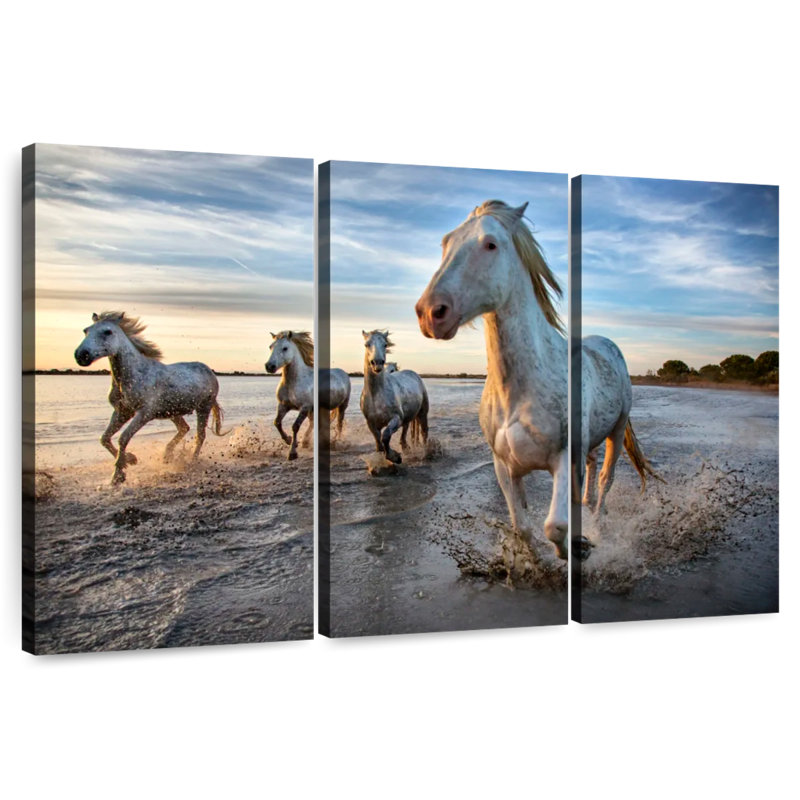 Cheval de Camargue blanc qui court dans l'océan IV, H 32 po x l 50 po