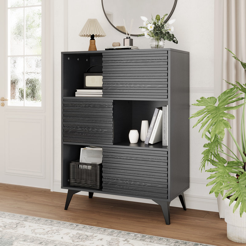 3-Tier Display Wood Storage Cabinet Stand with Shelves and Doors, Multipurpose Storage Rack with Metal Legs, Accent Cabinet for Home Office, Living Room, Kitchen