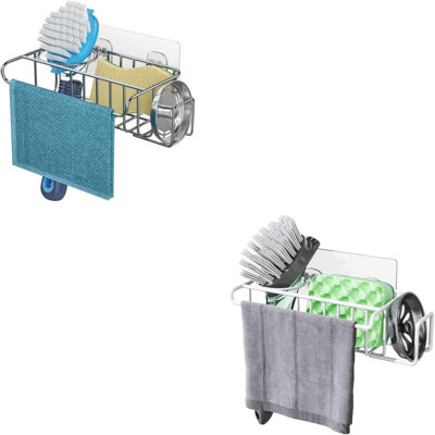 Organisateur de chariot d'évier de cuisine 4 en 1 avec porte-éponge, rangement pour brosse, distributeur de savon et porte-serviettes pour l'organisation du comptoir