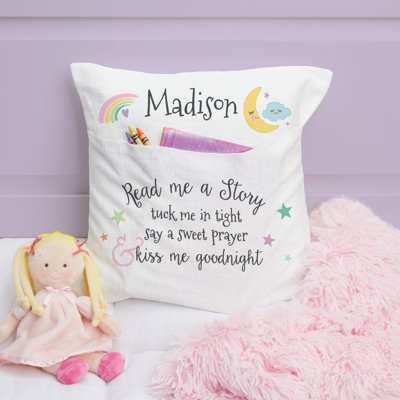 Read Me A Story Throw Pocket Pillow With Custom Name Printed | Square Removable Cover | Decorative Accent For Kids Room | 14" X 14"