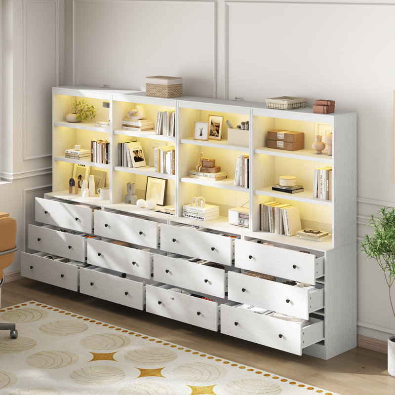 71"H X 94.4"W Book Cabinet Storage Bookcase with USB & Type-C Charging Ports and LED Lights (4A), White