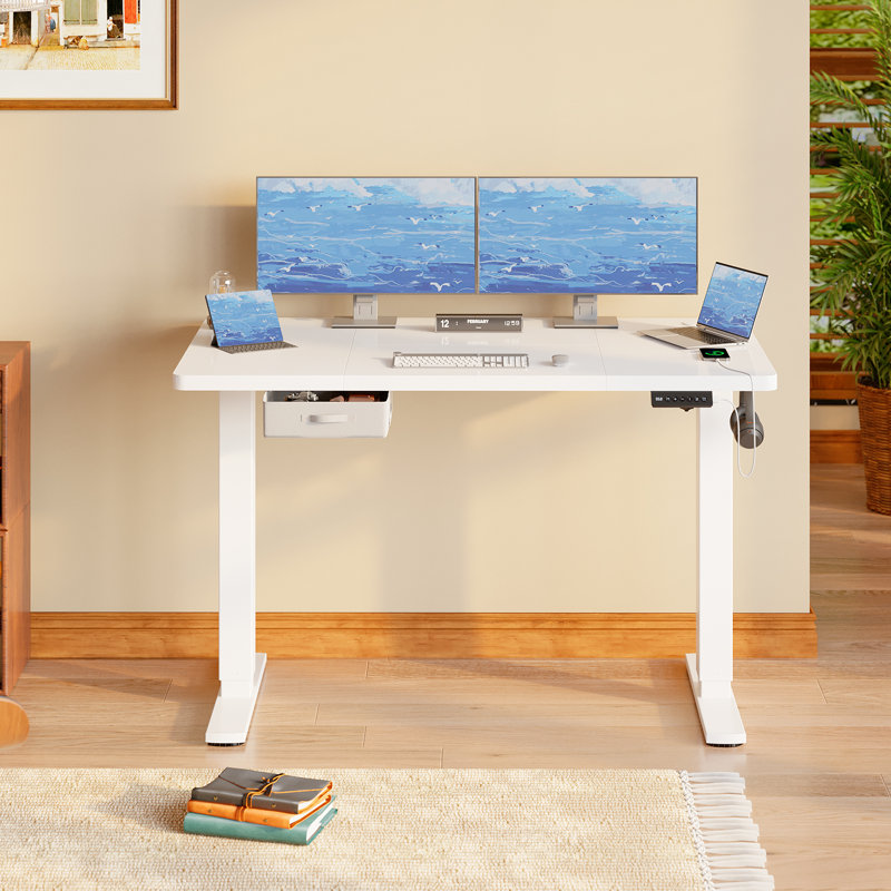 Electric Standing Desk Wide Desktop Height Adjustable Standing Desk With Drawer&Hooks, 118" H x 140" W x 80" D, White, White