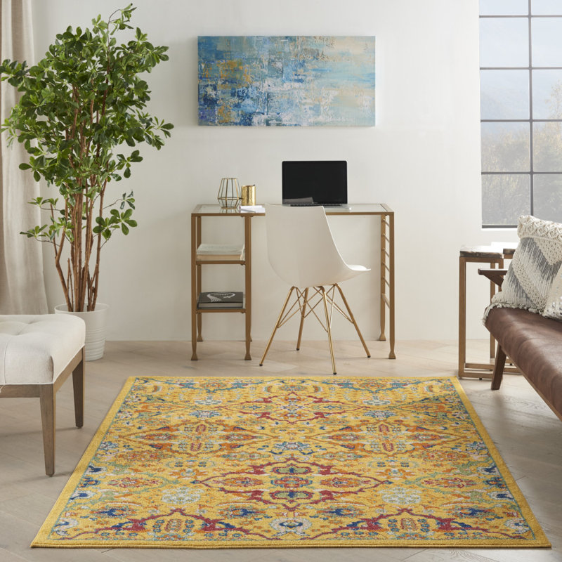 Tapis jaune à motif floral Weirton, Rectangle 3 pi x 5 pi