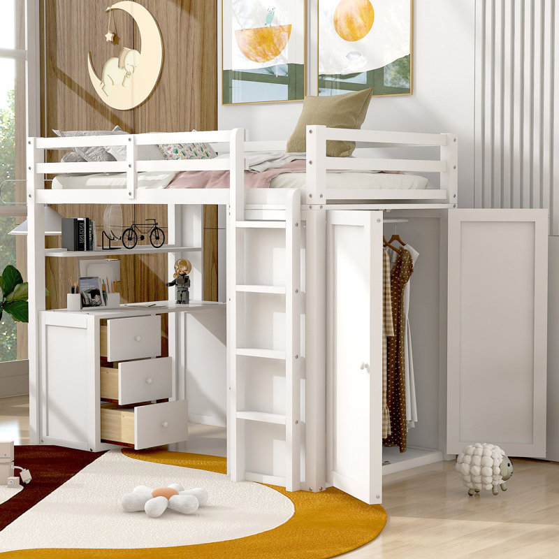 Lit mezzanine avec tiroirs, bureau et garde-robe, Blanc