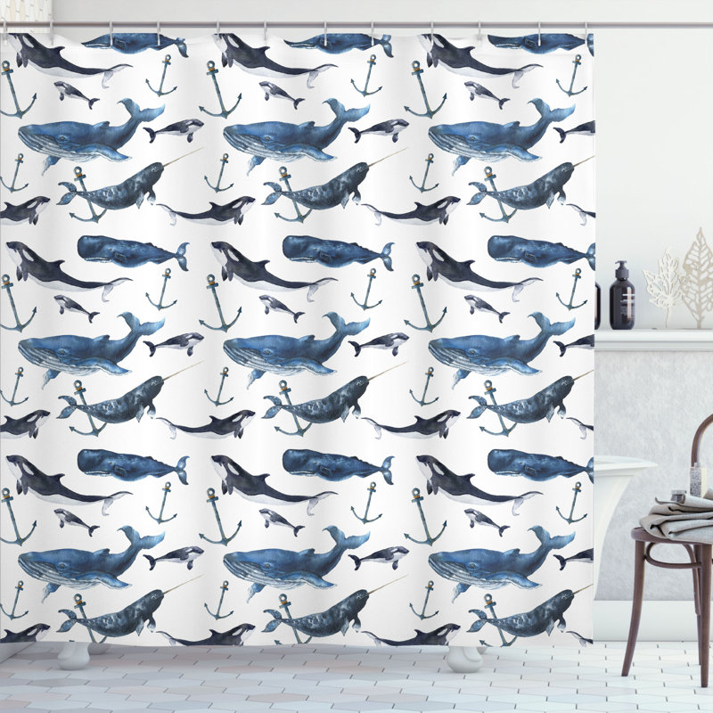 Ensemble de rideau de douche et crochets narwhal, H 84 po x l 69 po