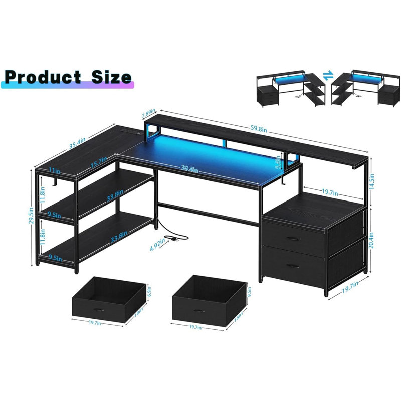 Minakshi L-Shaped Metal Base Computer Desk with Power Outlet, Black