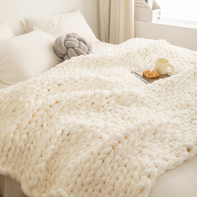 Chenille Chunky Knit Throw, Luxury Hand-Knitted Yarn Throw Blanket, Cream