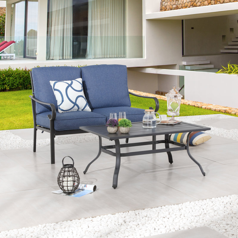 2-Piece Metal Patio Conversation Set With Cushions And Slatted Coffee Table, Blue