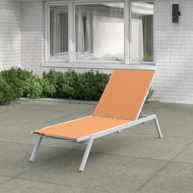 Cand 77.6" Long Metal Reclining  Armless Single Chaise Lounge with PVC-coated polyester Sling Seat and Wheels, Orange, Gray