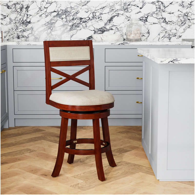 24" Counter Height X-Back Swivel Stool, Cherry Finish, Fabric Seat, Cherry, Counter Stool (24" Seat Height), White
