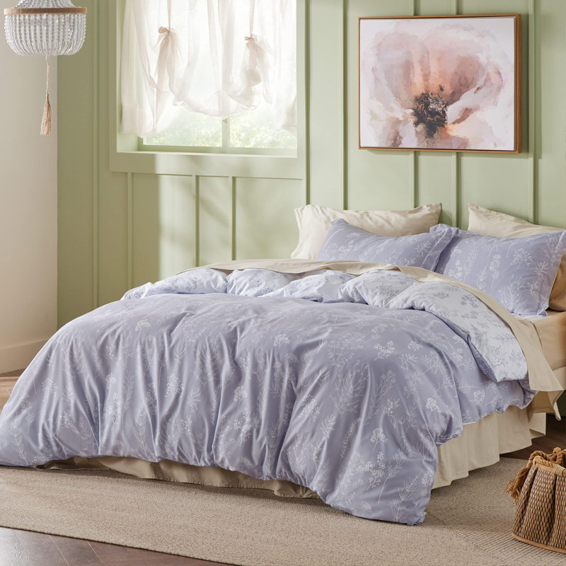 Ensemble d'édredon réversible à motif floral Best vendeur, 89 g / m², Édredon pour grand lit + 2 taies décoratives, Lavande