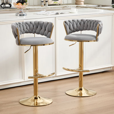 Tabourets de bar pivotants réglables avec dossier incurvé en velours tissé, chaises de bar à hauteur de comptoir en métal doré, tabouret de bar rembourré de luxe moderne pour îlot de cuisine, gris