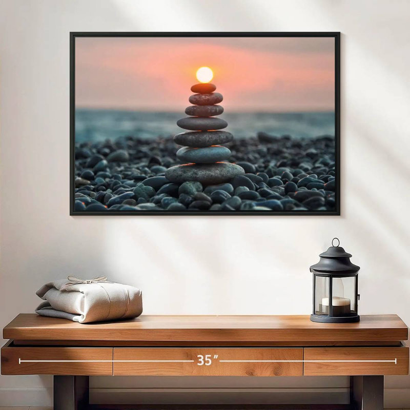 Zen pile au coucher du soleil, 25 po x 17 po, Cadre flottant noir