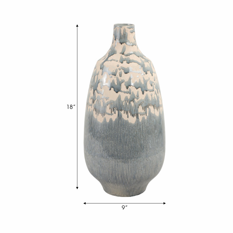 Decorative Round Glazed Earthenware Table Vase for Home Decor - Modern Tall Flower Vase Accent for Living Room or Entryway Display - Gray & Ivory