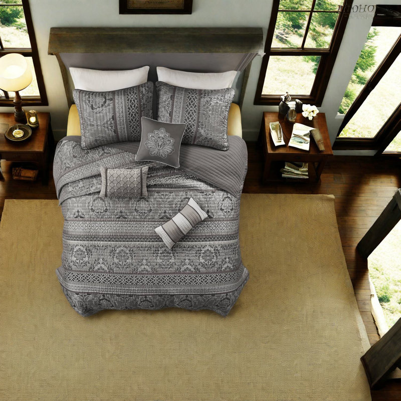 Luxury Jacquard Bedding Sets With Decorative Pillows, Grey Tone, Versatile Design