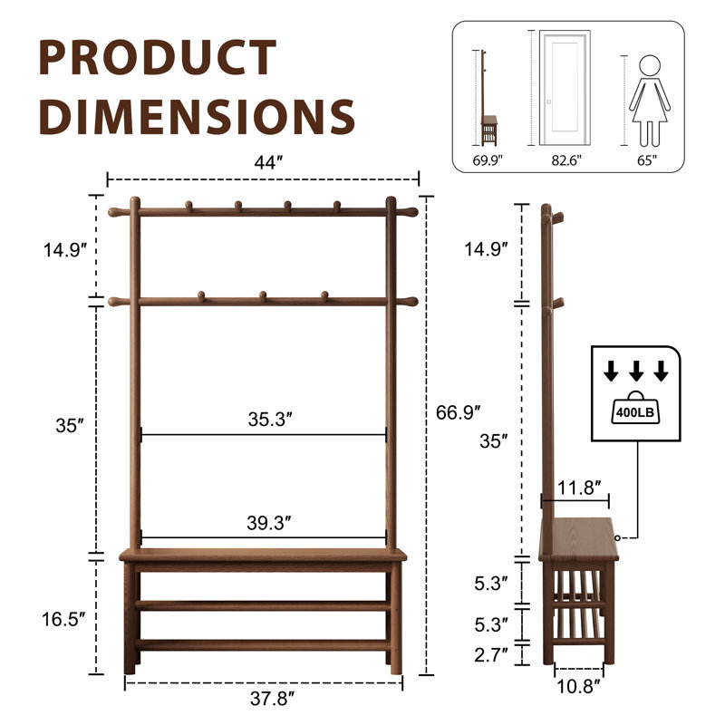 Aaryahi Solid Wood Hall Tree with Bench, Shoe Storage & 11 Hooks, Entryway Organizer, 66.9" H x 44" W, Brown