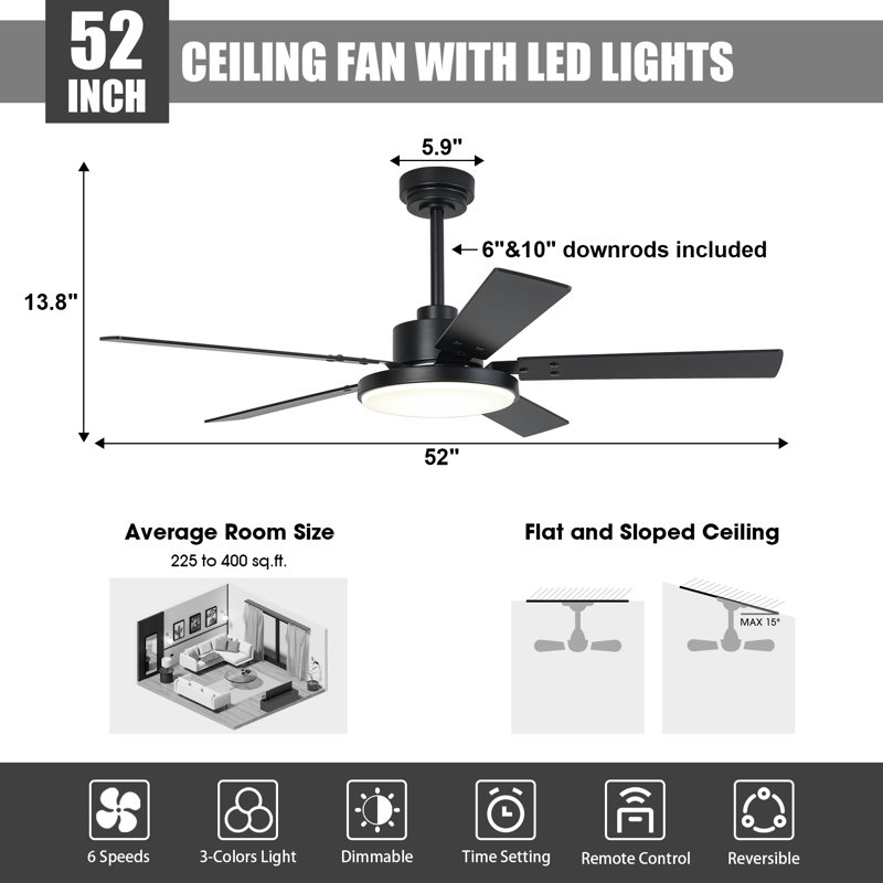 Vaczon 52" Dimmable Ceiling Fan with 3CCT LED Lights and Remote Control, 6 Speeds Reversible DC Motor, Timer, Double-Sided Wood Blades, 6''/10'' Downrods, for Indoor/Covered Outdoor Use