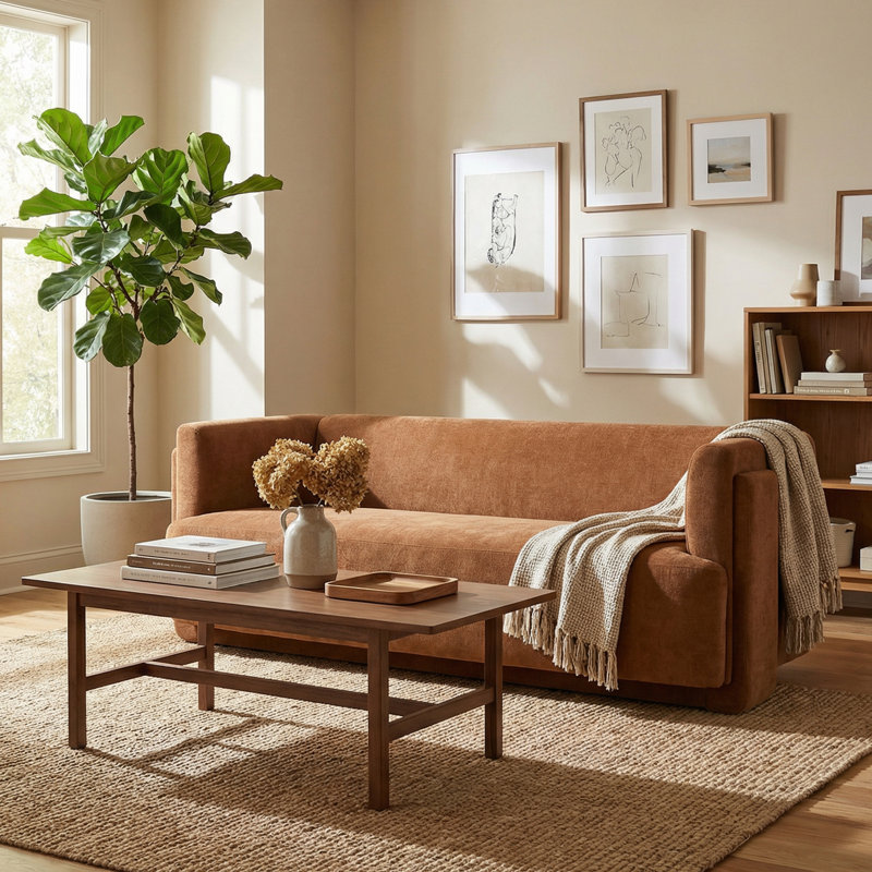 Calvera Modern Minimalist Upholstered Sofa with Sculptural Block Arms, Caramel