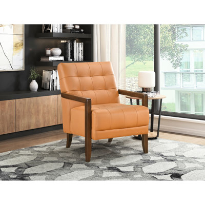 Chaise d'appoint moderne en cuir orange scintillant et avec bois de noyer à haut rembourrage