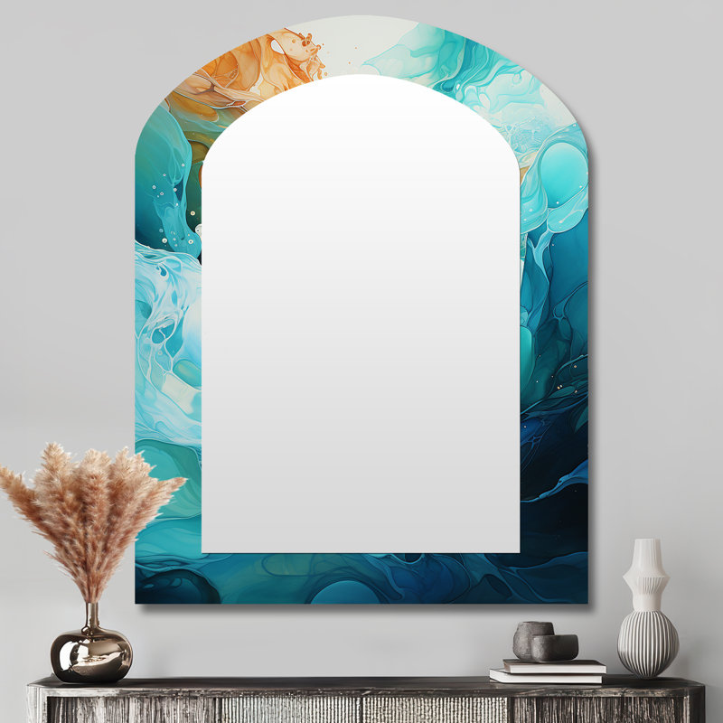 Aqua Dream rush flow 4 - Abstract Collages Arch Wall Mirror, Orange Asymmetrical Decorative Mirror, Printed Metal Art