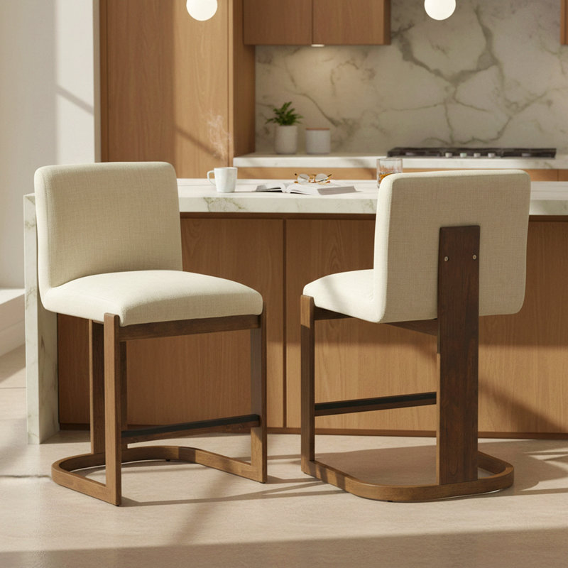 Ensemble de 2 tabourets de bar modernes en bois massif à hauteur de comptoir de 24 po, chaise d'îlot de cuisine rembourrée en lin